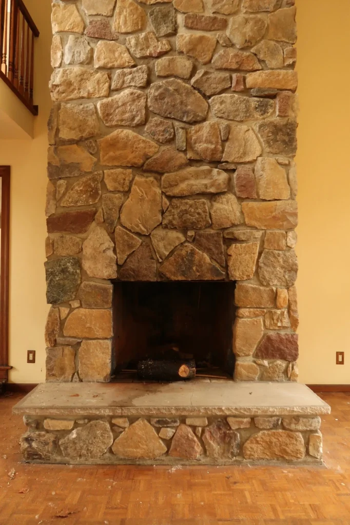 Chimney inspector examining a fireplace in a cozy living room