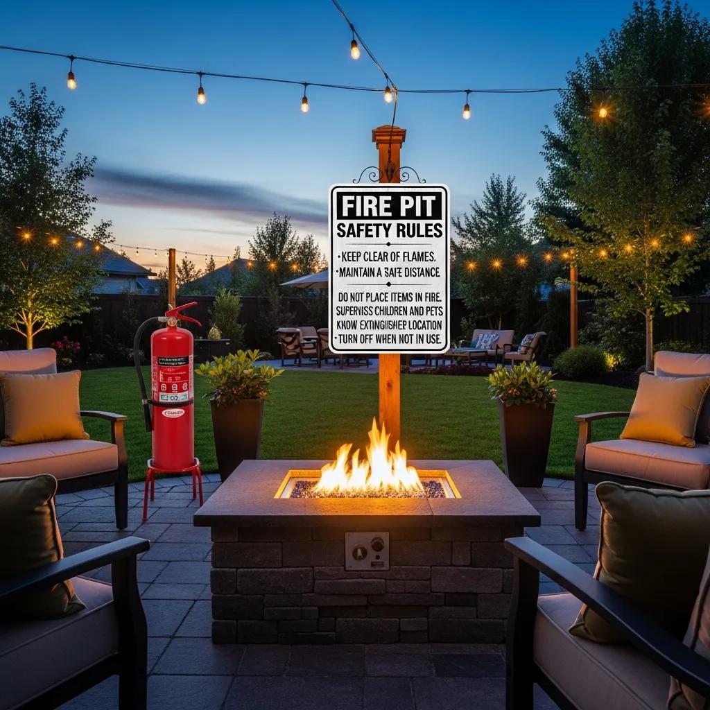 Safety measures around a gas fire pit including fire extinguisher and signage
