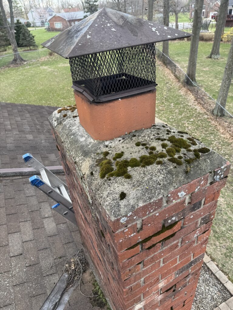 Chimney technician performing chimney cleaning service on roof